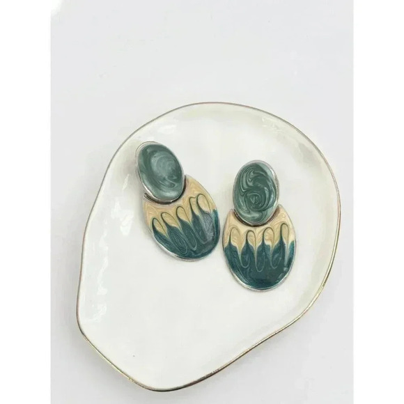 Vintage Enamel / Drip Glaze Retro Green & Yellow Oval Dangle Earrings - Picture 5 of 6